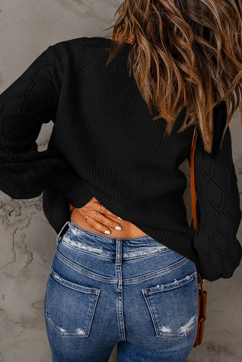 Bishop Sleeve V-Neck Drop Shoulder Button Front Knit Cardigan Sweater